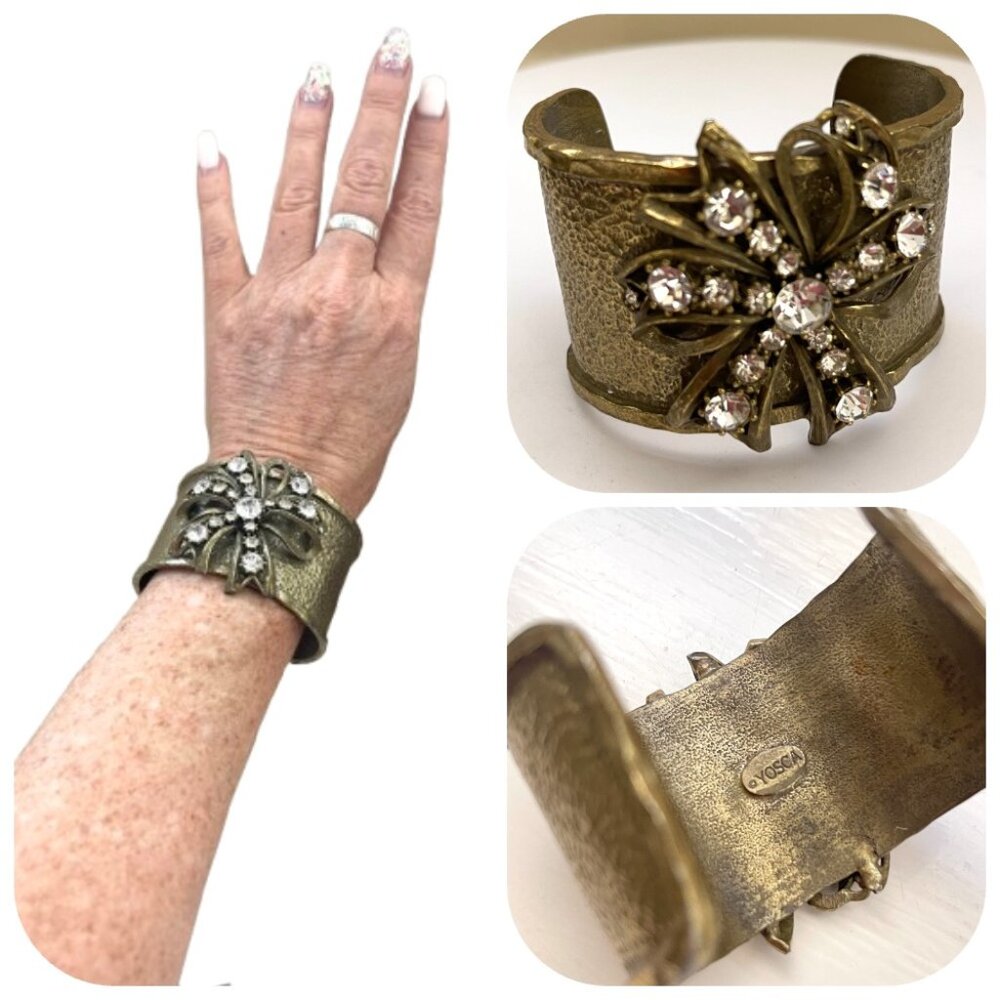 Yosca Vintage Hammered Brass crystal bow cuff statement bracelet
